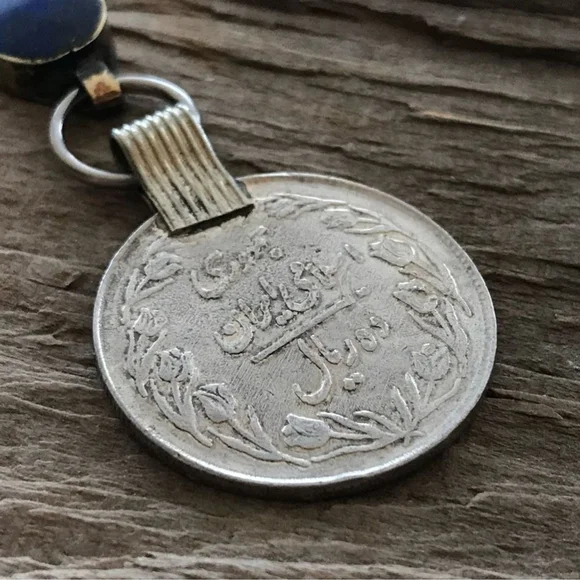 Rustic Lapis Lazuli Ethnic Coin Charm Necklace - 30 Inch Chain - Picture 6 of 12